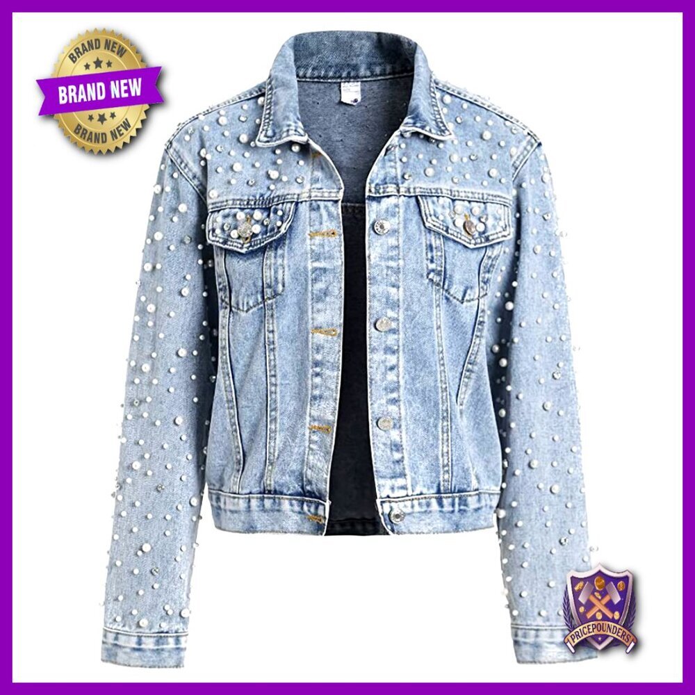 Cropped Denim Jacket Pearls Rhinestones Distressed Y2K Chic Casual Elegant